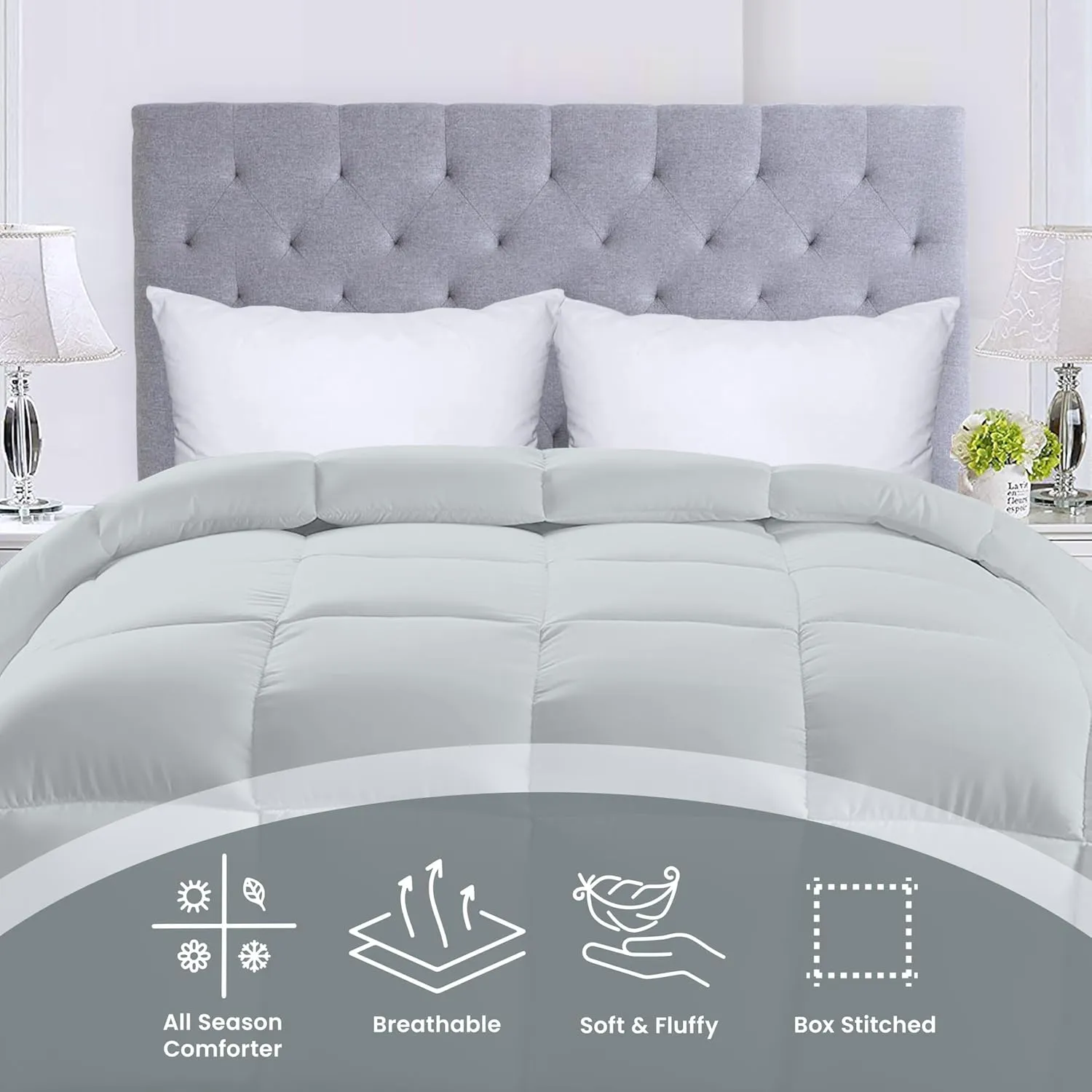 Utopia Bedding Comforters Twin Size, All Season Duvet Insert, Down Alternative Box Stitched Bed Comforter with Corner Tabs, Machine Washable (Light Grey)