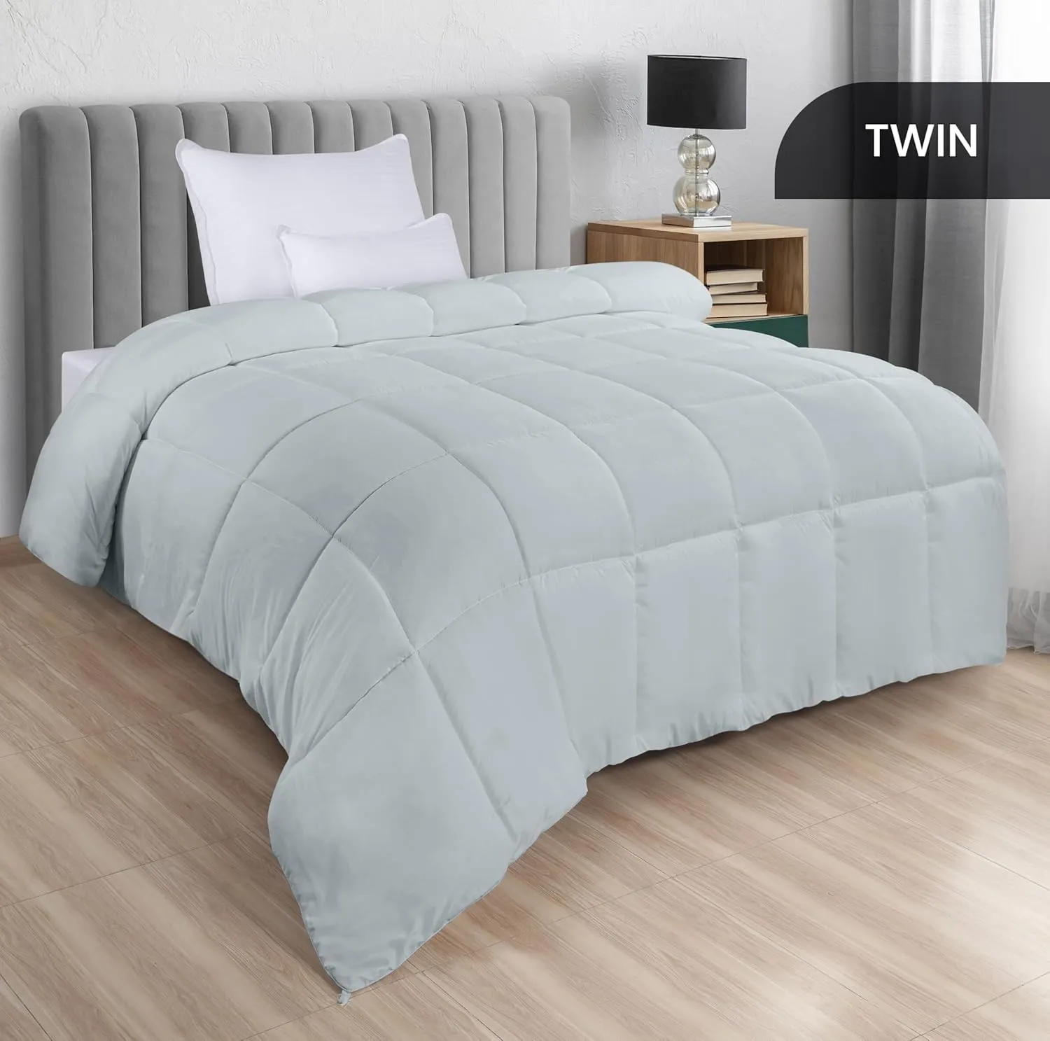 Utopia Bedding Comforters Twin Size, All Season Duvet Insert, Down Alternative Box Stitched Bed Comforter with Corner Tabs, Machine Washable (Light Grey)