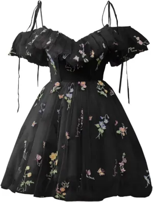 UZN Cold Shoulder Flower Embroidery Tulle Homecoming Dresses Short for Teens Formal Cocktail Party Prom Gowns