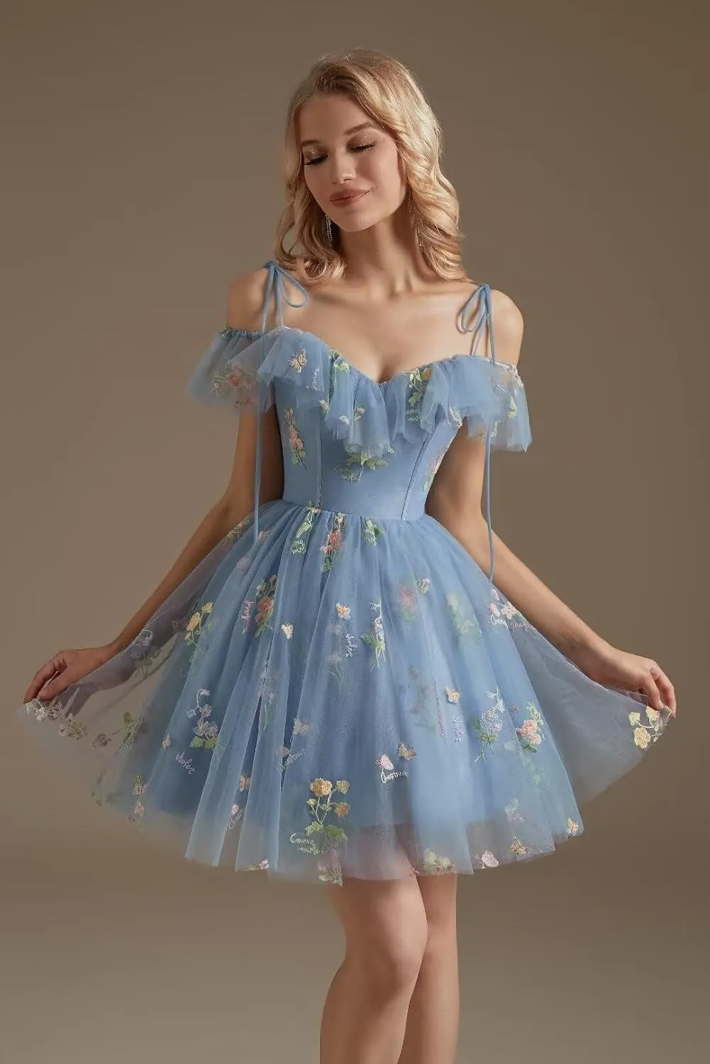UZN Cold Shoulder Flower Embroidery Tulle Homecoming Dresses Short for Teens Formal Cocktail Party Prom Gowns