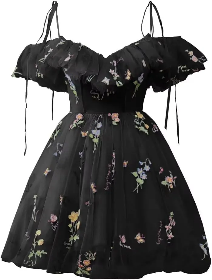 UZN Cold Shoulder Flower Embroidery Tulle Homecoming Dresses Short for Teens Formal Cocktail Party Prom Gowns