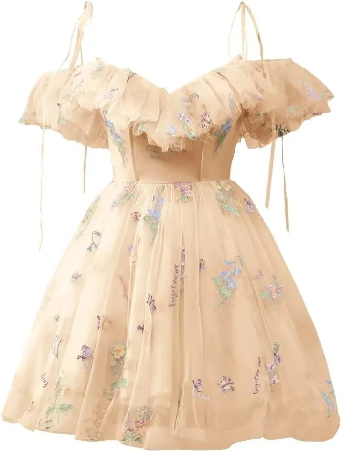 UZN Cold Shoulder Flower Embroidery Tulle Homecoming Dresses Short for Teens Formal Cocktail Party Prom Gowns