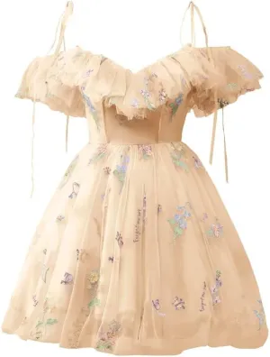 UZN Cold Shoulder Flower Embroidery Tulle Homecoming Dresses Short for Teens Formal Cocktail Party Prom Gowns