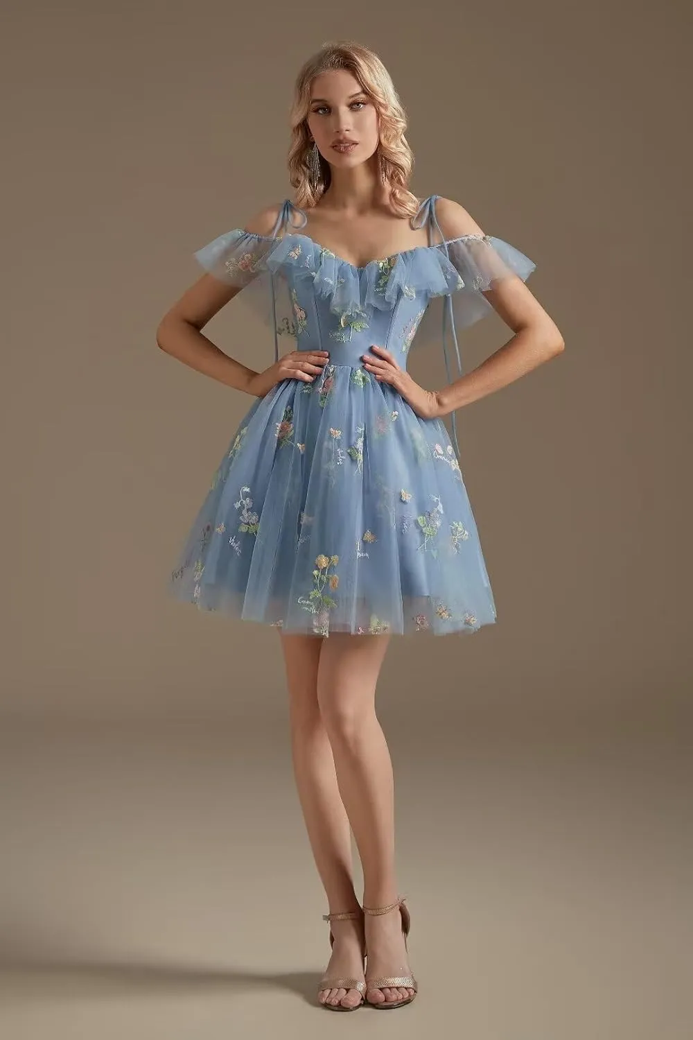 UZN Cold Shoulder Flower Embroidery Tulle Homecoming Dresses Short for Teens Formal Cocktail Party Prom Gowns
