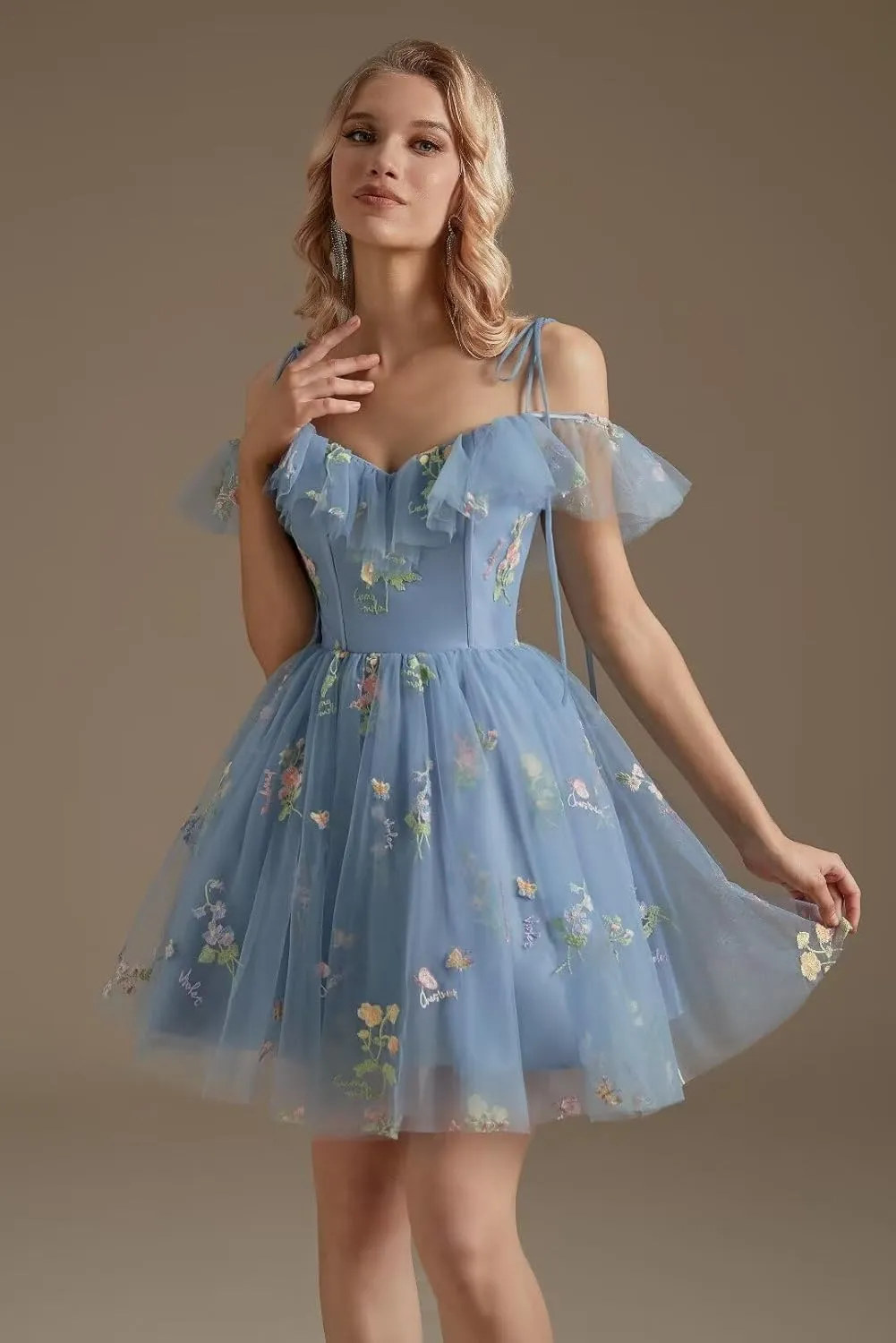 UZN Cold Shoulder Flower Embroidery Tulle Homecoming Dresses Short for Teens Formal Cocktail Party Prom Gowns
