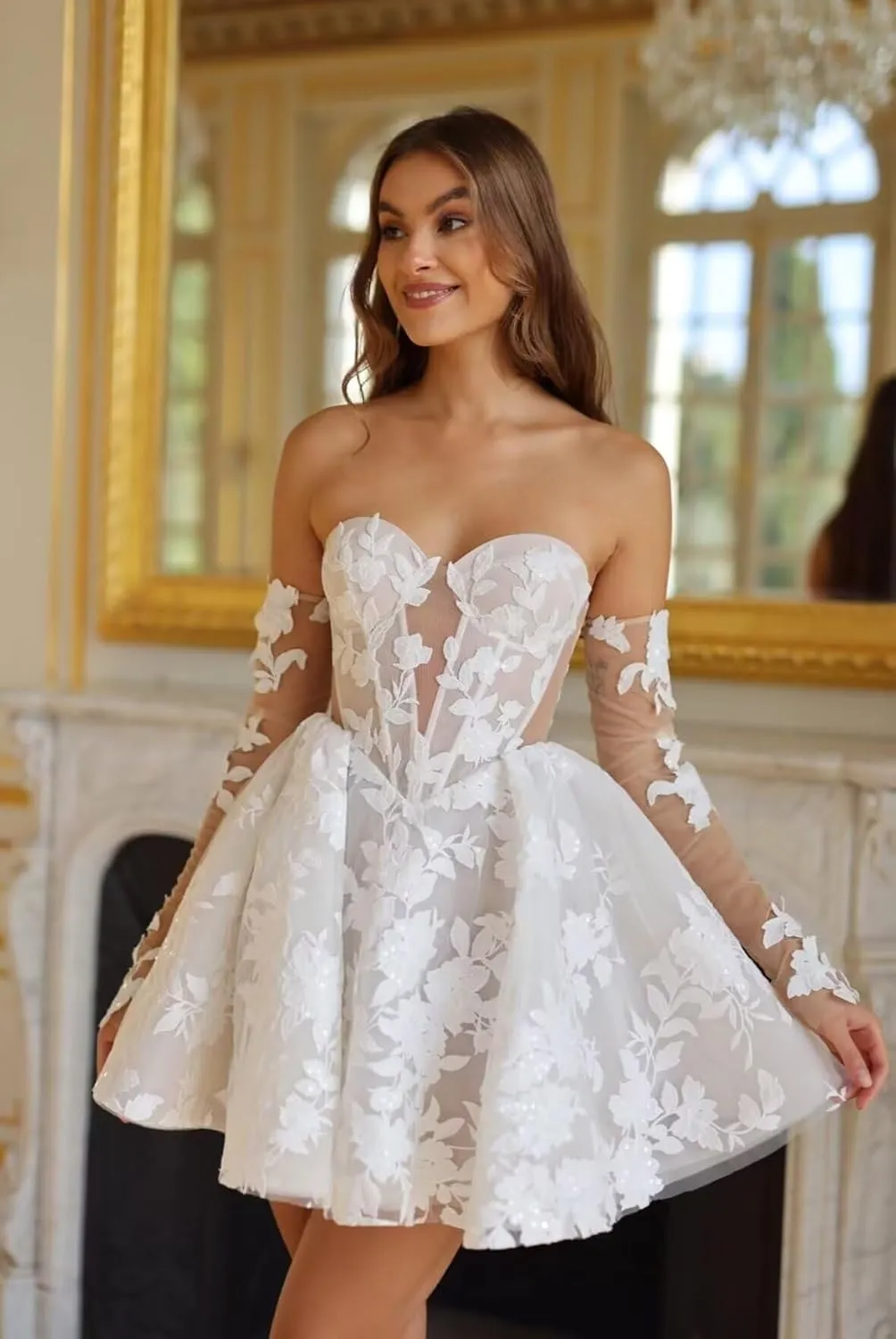 UZN Mini Wedding Dresses 2025 for Women Short Bridal Gown with Lace Reception Gowns for Bride