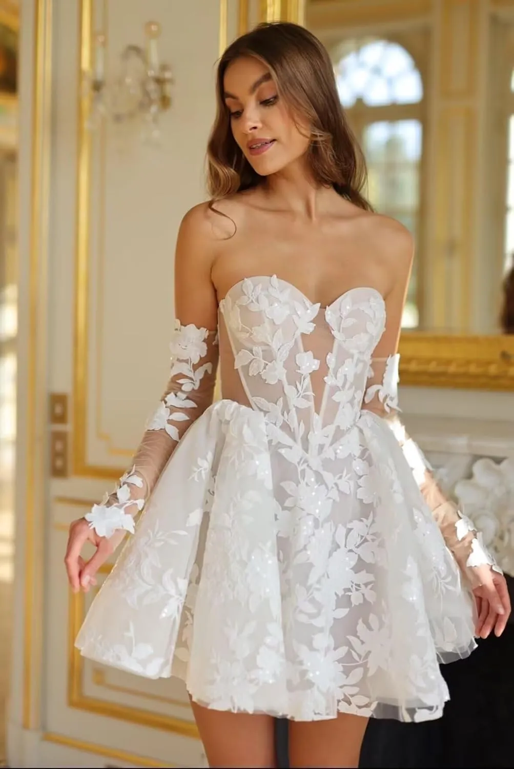 UZN Mini Wedding Dresses 2025 for Women Short Bridal Gown with Lace Reception Gowns for Bride