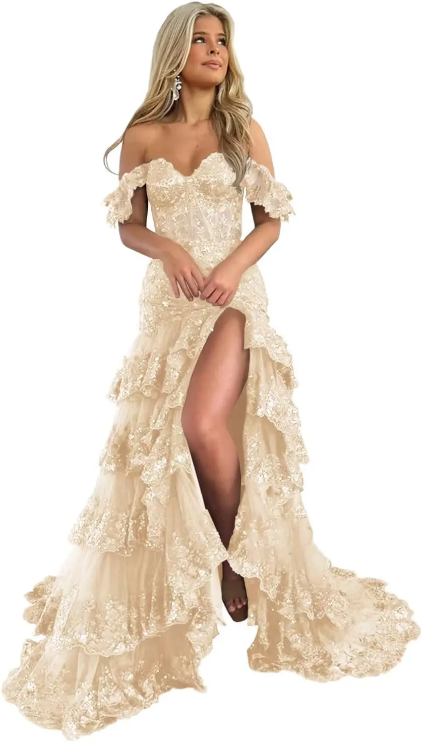 UZN Off Shoulder Tiered Tulle Prom Dresses Long Mermaid Lace with Slit Formal Evening Party Gowns