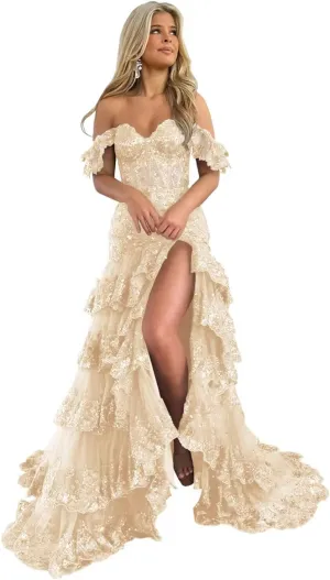 UZN Off Shoulder Tiered Tulle Prom Dresses Long Mermaid Lace with Slit Formal Evening Party Gowns