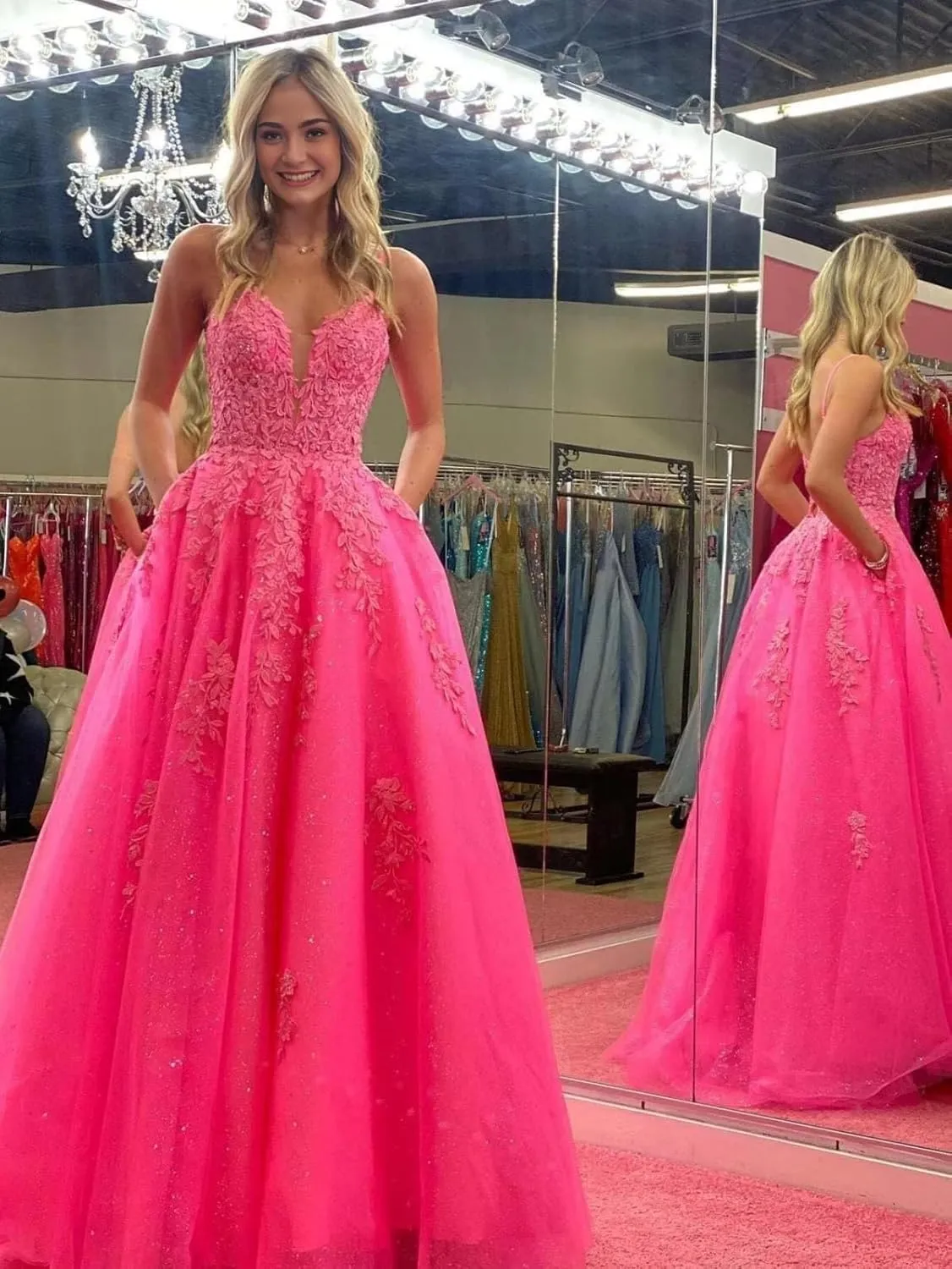 V Neck Lace Appliques Prom Dresses 2025 Long Corset Sparkly Tulle Formal Evening Party Gowns with Pockets