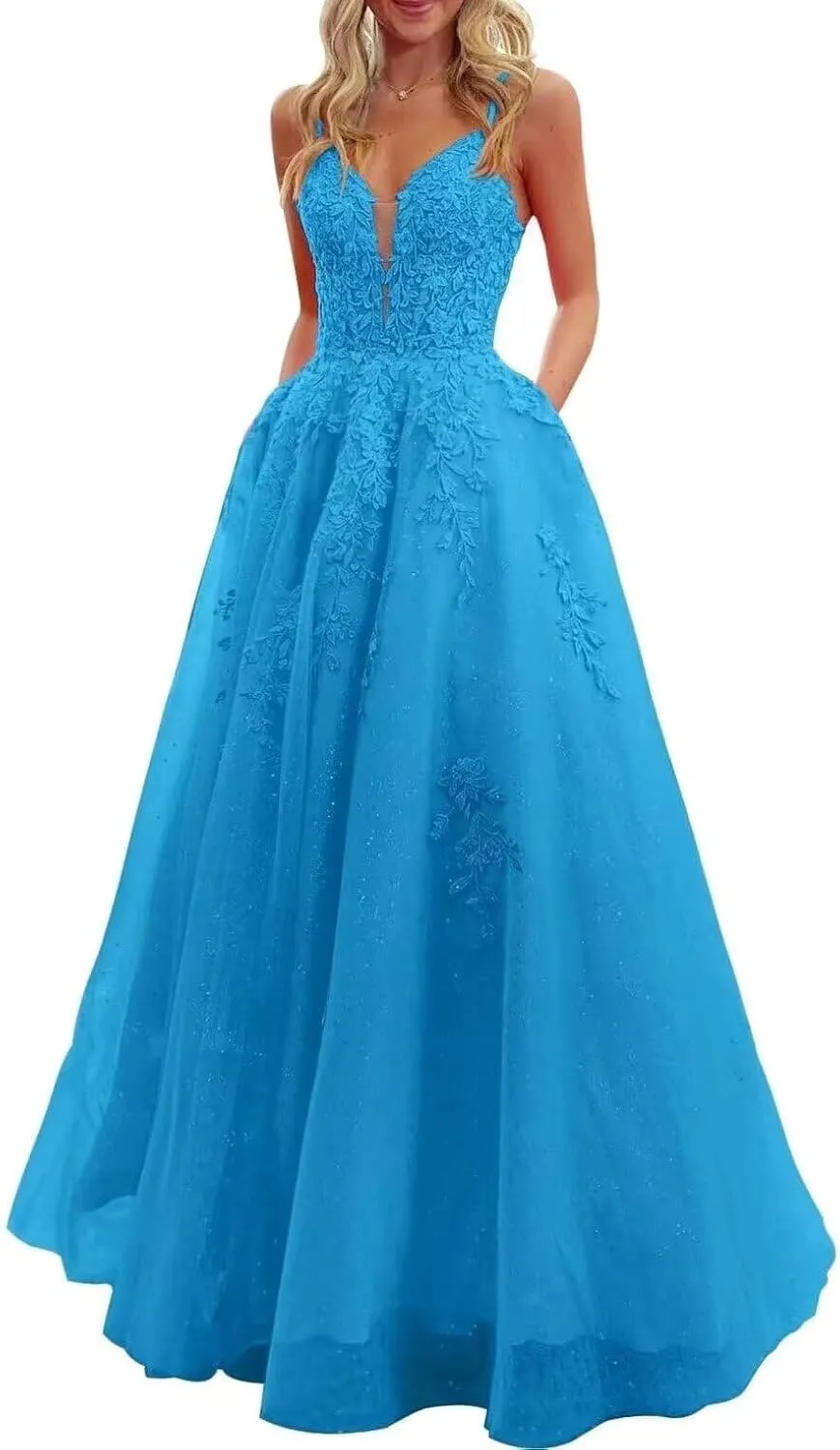 V Neck Lace Appliques Prom Dresses 2025 Long Corset Sparkly Tulle Formal Evening Party Gowns with Pockets