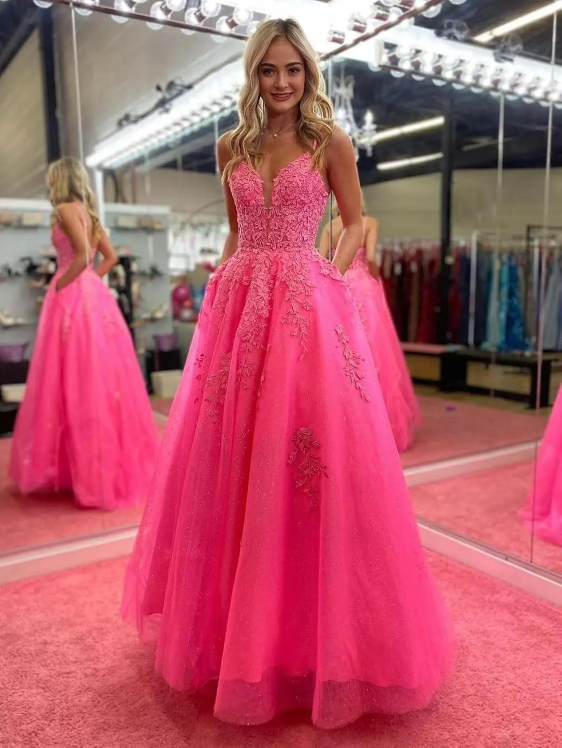 V Neck Lace Appliques Prom Dresses 2025 Long Corset Sparkly Tulle Formal Evening Party Gowns with Pockets