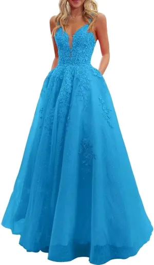 V Neck Lace Appliques Prom Dresses 2025 Long Corset Sparkly Tulle Formal Evening Party Gowns with Pockets