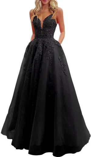 V Neck Lace Appliques Prom Dresses 2025 Long Corset Sparkly Tulle Formal Evening Party Gowns with Pockets