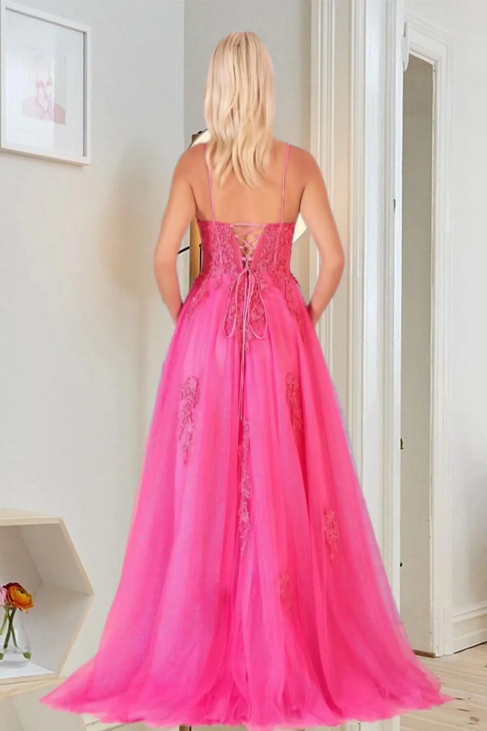 V Neck Lace Appliques Prom Dresses 2025 Long Corset Sparkly Tulle Formal Evening Party Gowns with Pockets
