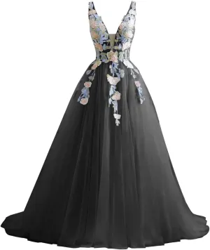 V Neck Tulle Prom Dresses 2025 Floral Embroidery Applique Ball Gown Quinceanera Dresses