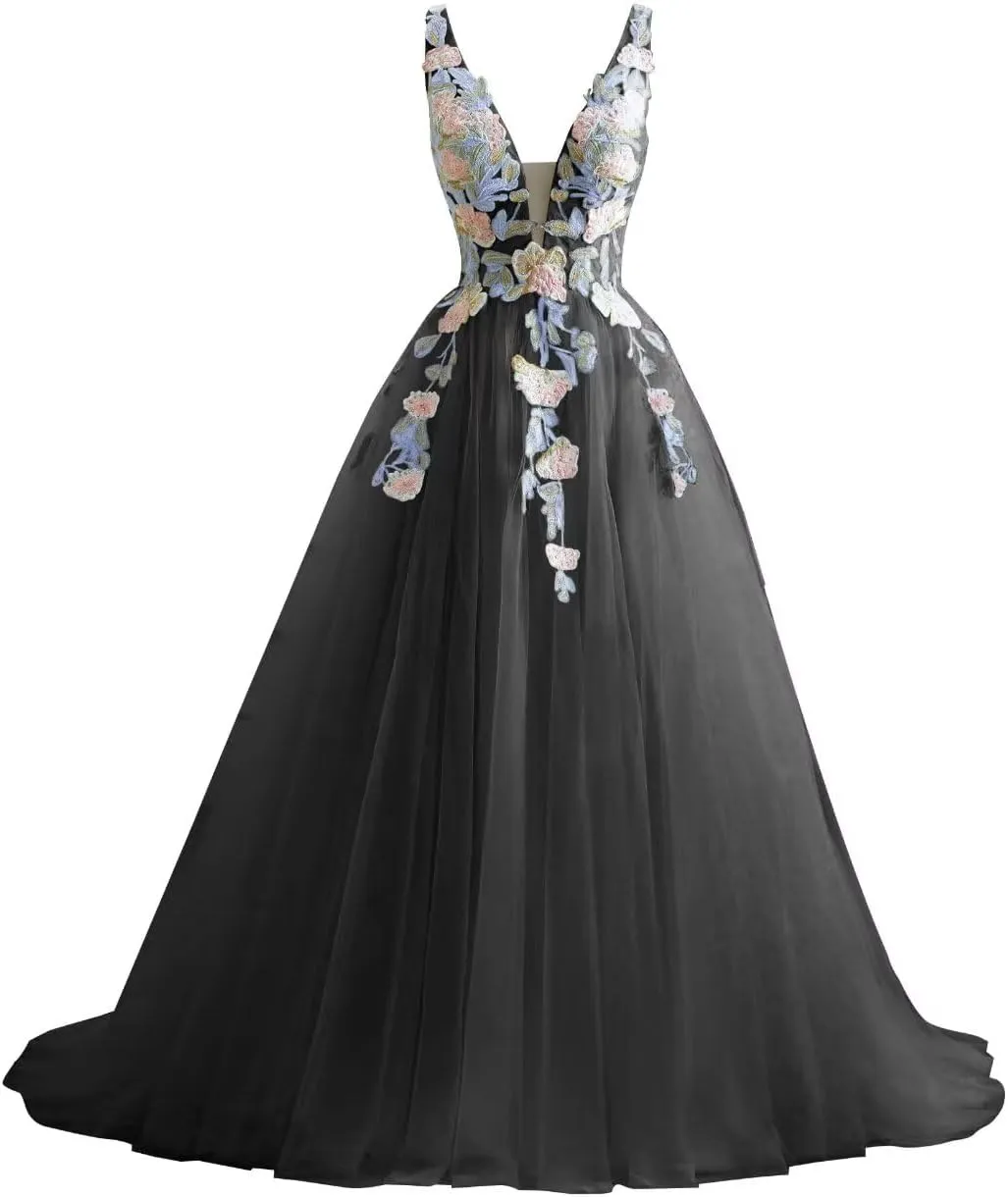 V Neck Tulle Prom Dresses 2025 Floral Embroidery Applique Ball Gown Quinceanera Dresses