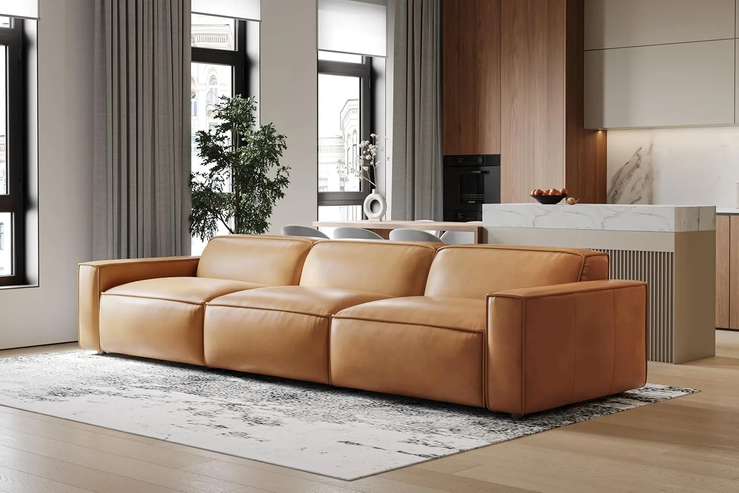 Valencia Nathan Modular Sectional Sofa - Right Hand Facing Chair - 100% Full Aniline Leather- Modern Couch for Lounge and Living Room, High-Resilience Foam Couch, Caramel Brown