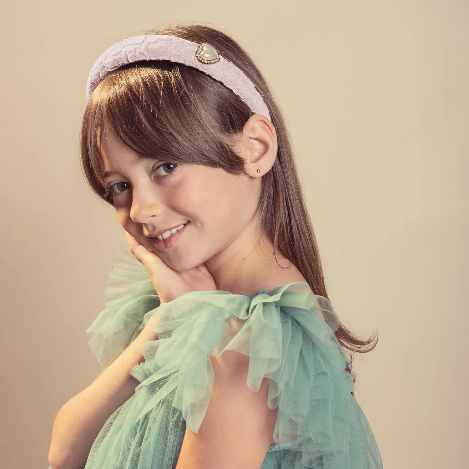 Valentina Lace Heart Embellished Headband for Girls - Mauve, Elegant Lace Design with Heart Accents, Perfect for Weddings and Special Occasions