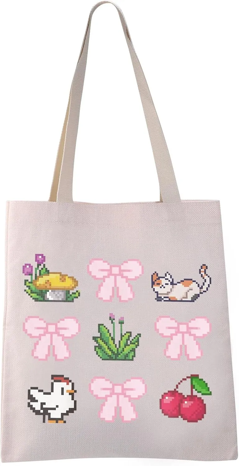 Valley Game Inspired Gift Stardew Video Game Reusable Grocery Shopping Bag (Bow Valley tote)