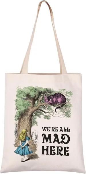 VAMSII Alice Tote Bag Alice Shoulder Bag Alice Wonderland Merch Gift For Alice Fan Cheshire Cat Gift (MAD HERE tote)