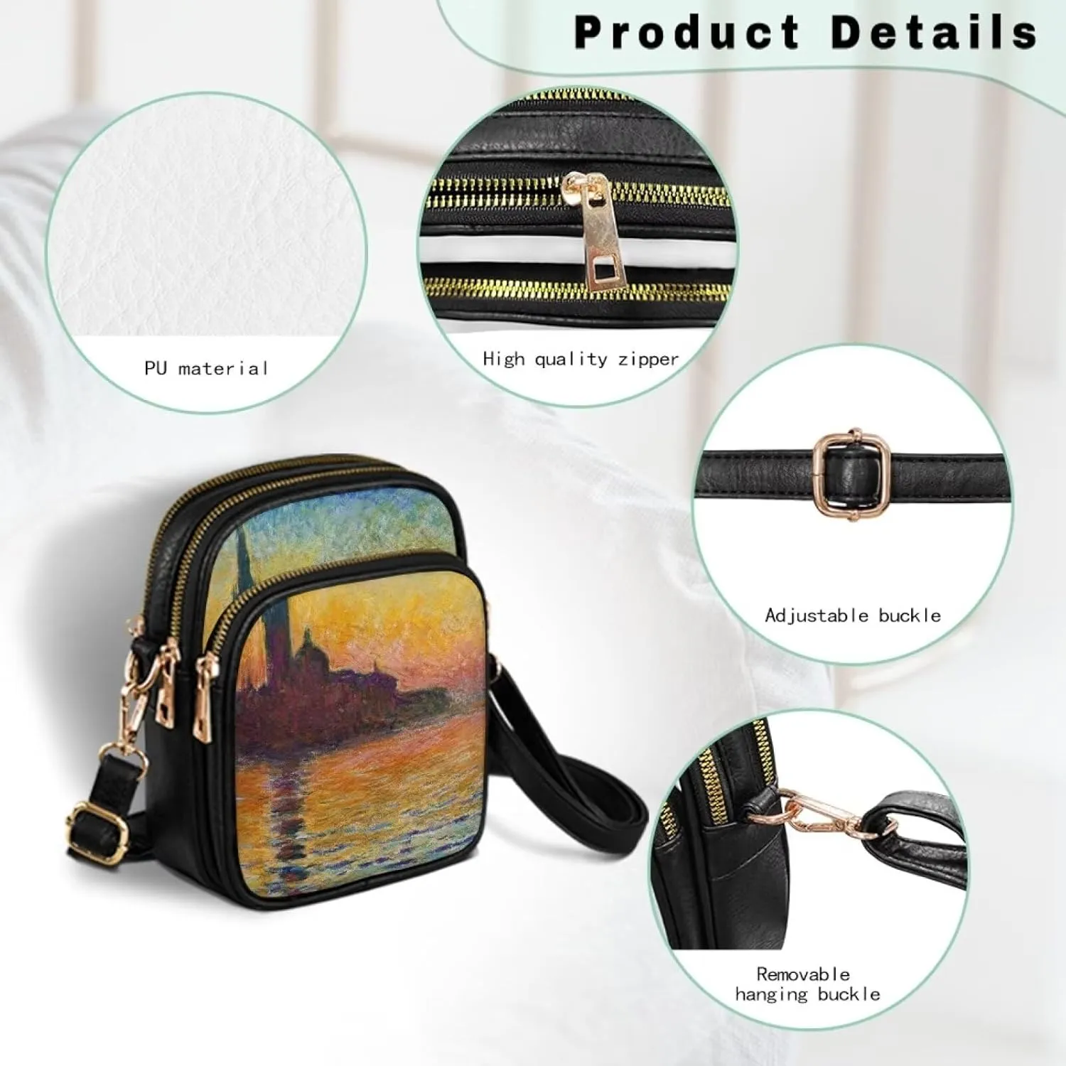 Van Gogh Art Cell Phone Purse Crossbody Bags for Women, Monet Artwork PU Leather Cellphone Bag Small Travel Purses