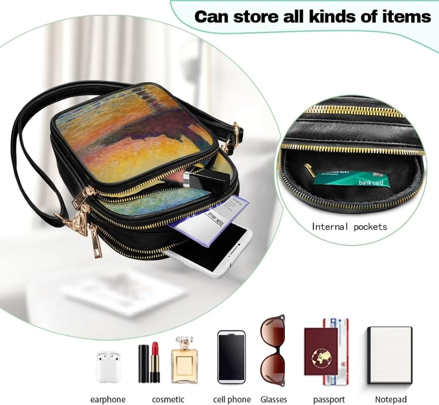 Van Gogh Art Cell Phone Purse Crossbody Bags for Women, Monet Artwork PU Leather Cellphone Bag Small Travel Purses