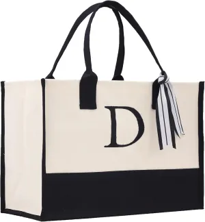 VANESSA ROSELLA Personalized Gift Monogram Initial 100% Cotton Two Tone Chic Tote Bag with Customize Option - Black