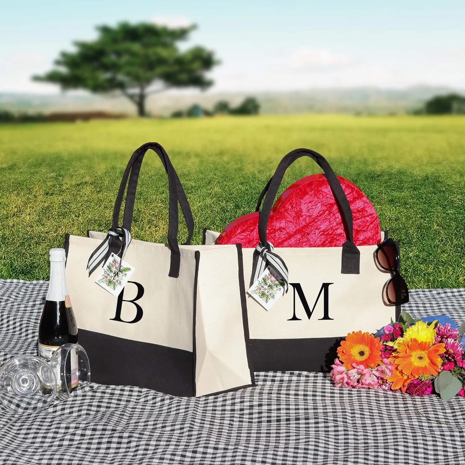 VANESSA ROSELLA Personalized Gift Monogram Initial 100% Cotton Two Tone Chic Tote Bag with Customize Option - Black