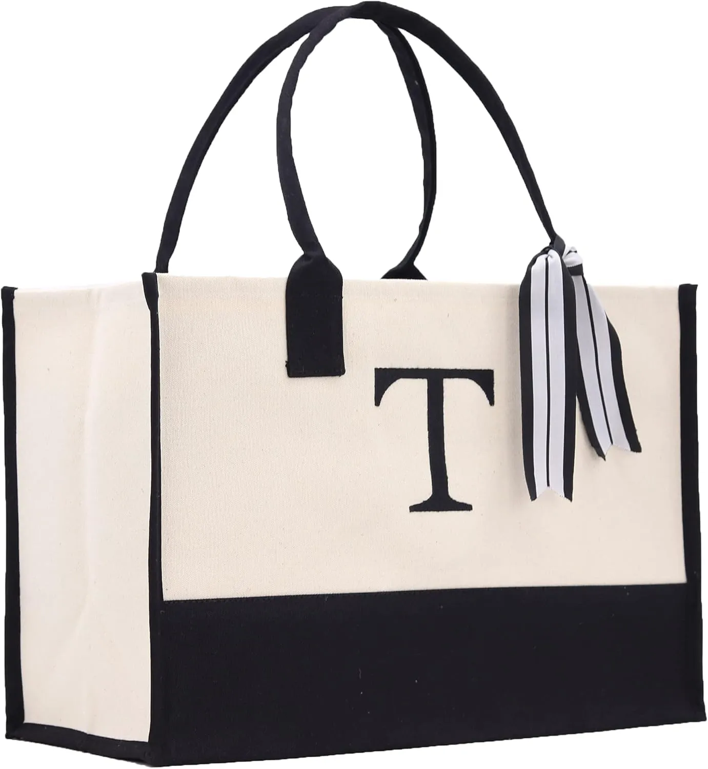 VANESSA ROSELLA Personalized Gift Monogram Initial 100% Cotton Two Tone Chic Tote Bag with Customize Option - Black