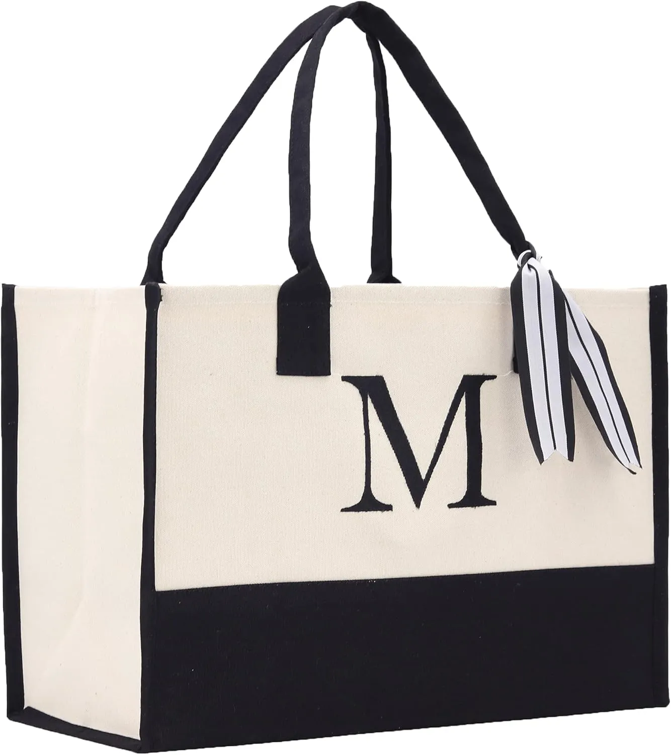 VANESSA ROSELLA Personalized Gift Monogram Initial 100% Cotton Two Tone Chic Tote Bag with Customize Option - Black