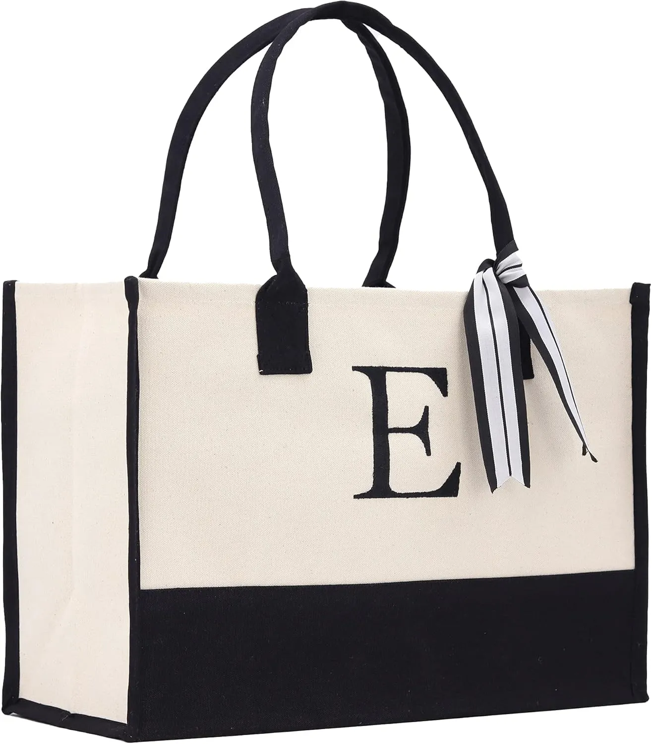 VANESSA ROSELLA Personalized Gift Monogram Initial 100% Cotton Two Tone Chic Tote Bag with Customize Option - Black