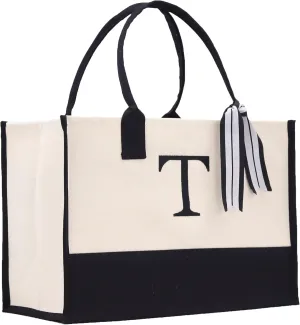 VANESSA ROSELLA Personalized Gift Monogram Initial 100% Cotton Two Tone Chic Tote Bag with Customize Option - Black