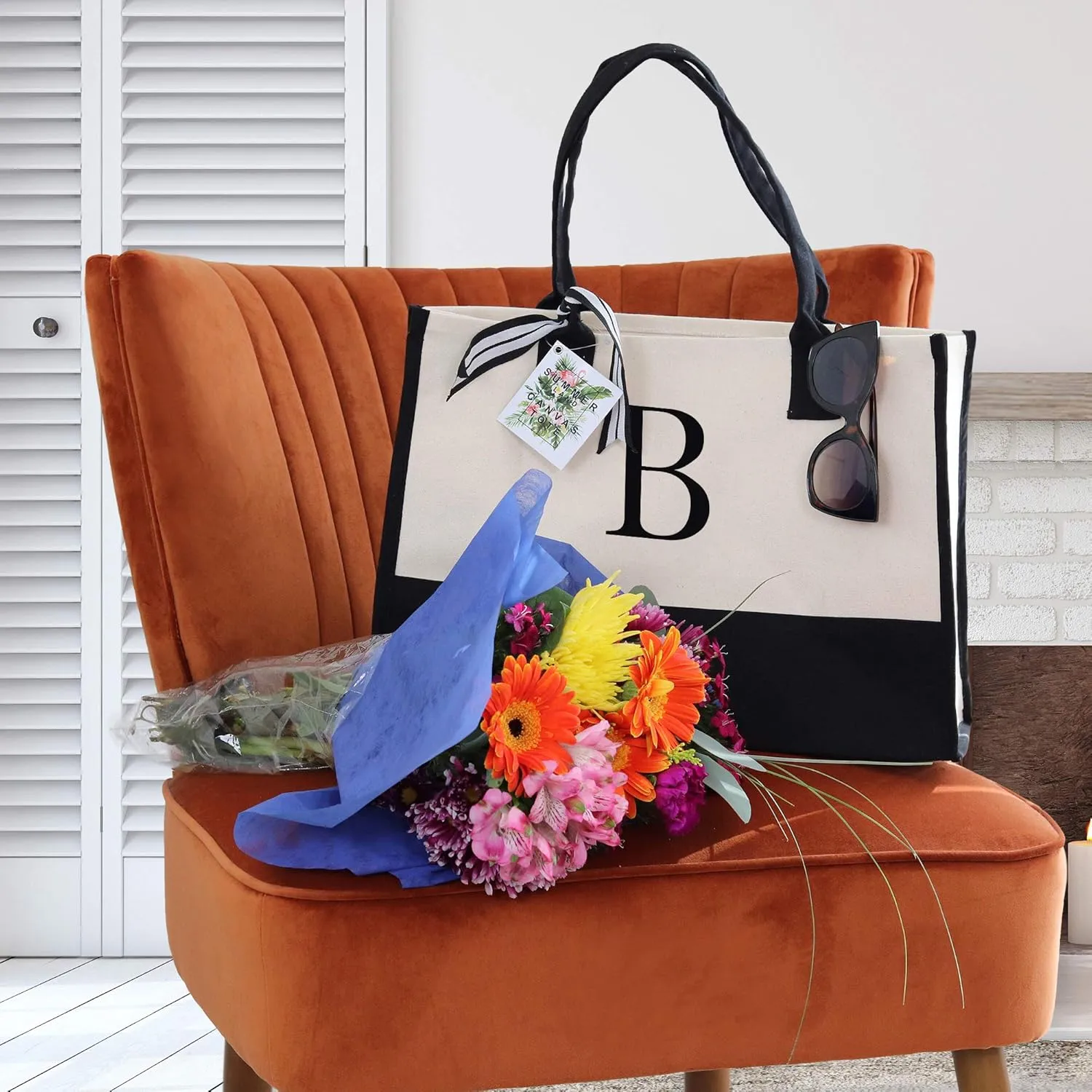 VANESSA ROSELLA Personalized Gift Monogram Initial 100% Cotton Two Tone Chic Tote Bag with Customize Option - Black