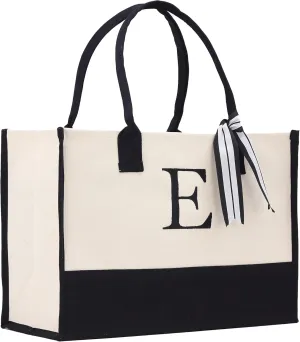VANESSA ROSELLA Personalized Gift Monogram Initial 100% Cotton Two Tone Chic Tote Bag with Customize Option - Black