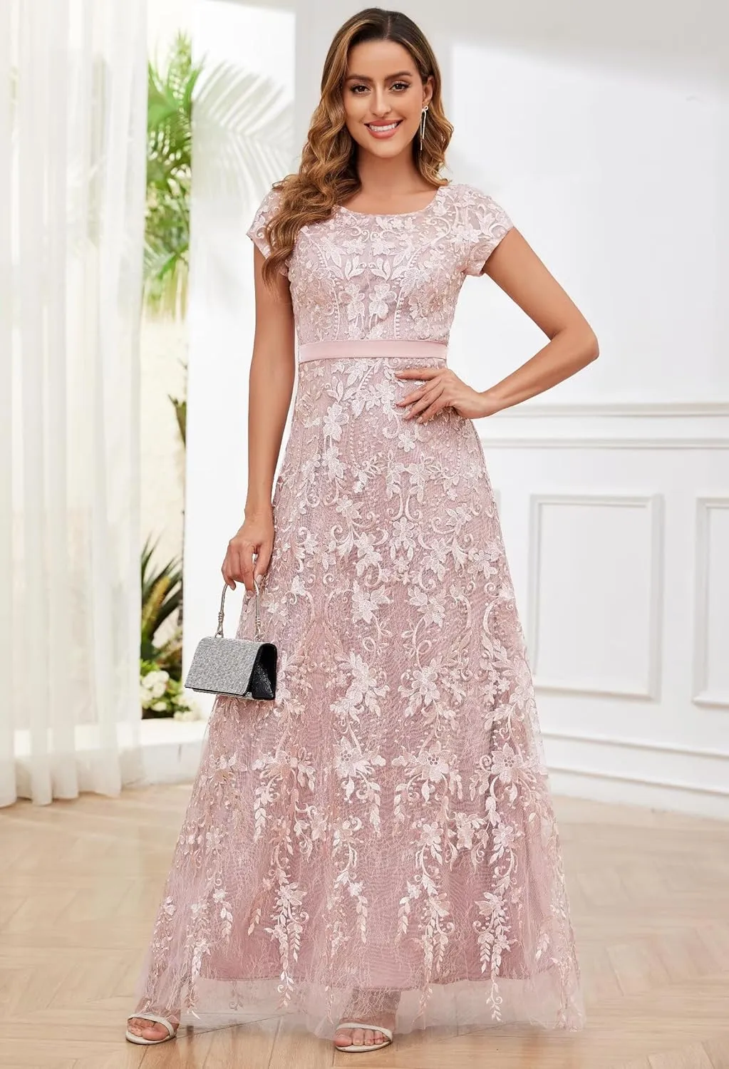 VCCICANY Lace Appliques Mother of The Bride Dresses for Women Short Sleeves A Line Tulle Long Formal Evening Gown Prom Dress
