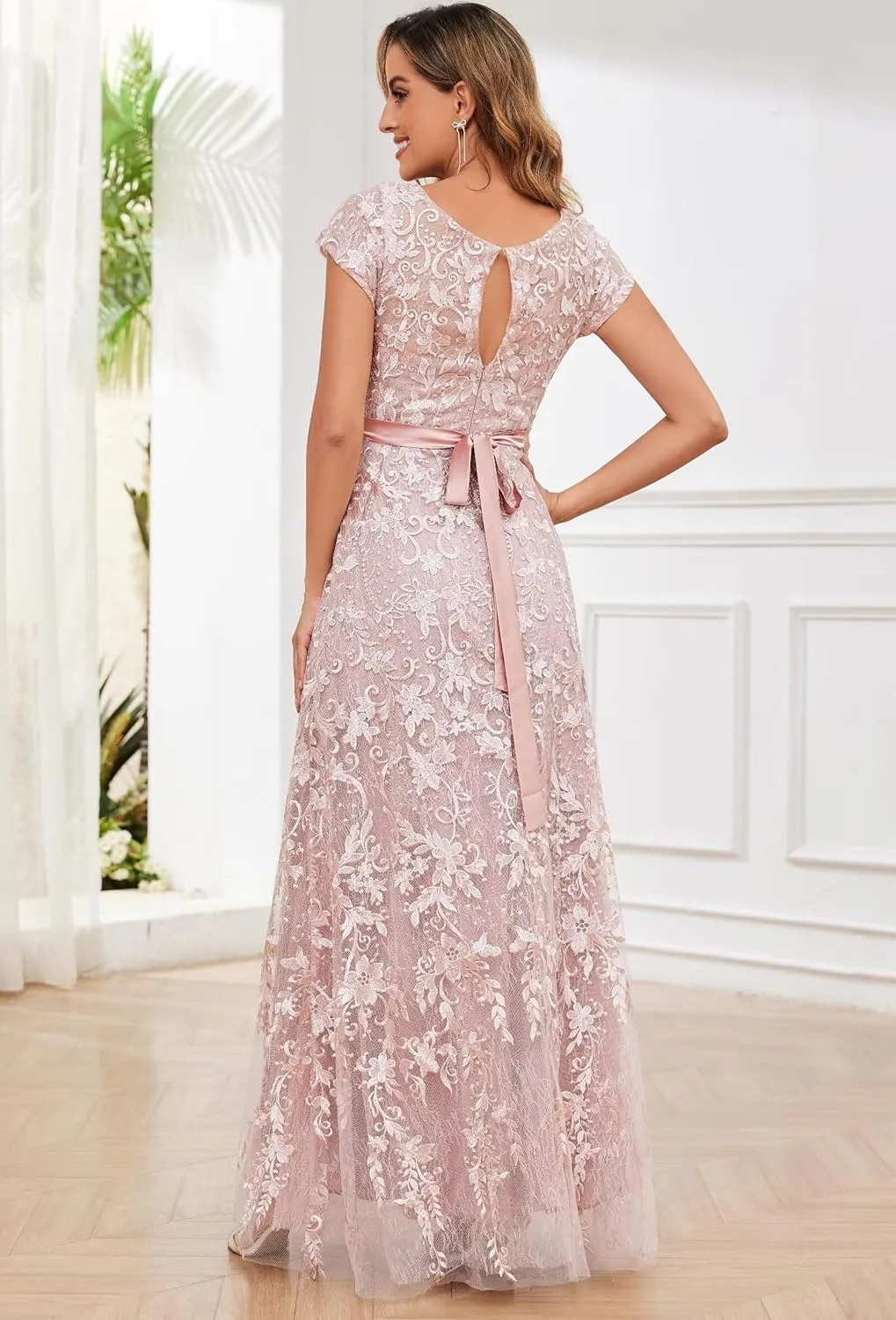 VCCICANY Lace Appliques Mother of The Bride Dresses for Women Short Sleeves A Line Tulle Long Formal Evening Gown Prom Dress