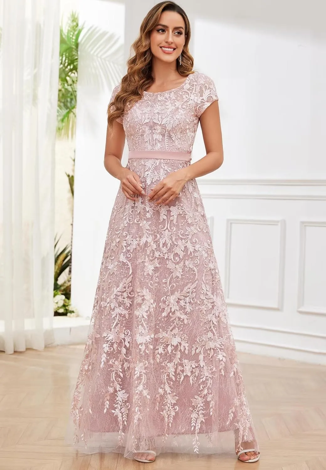 VCCICANY Lace Appliques Mother of The Bride Dresses for Women Short Sleeves A Line Tulle Long Formal Evening Gown Prom Dress