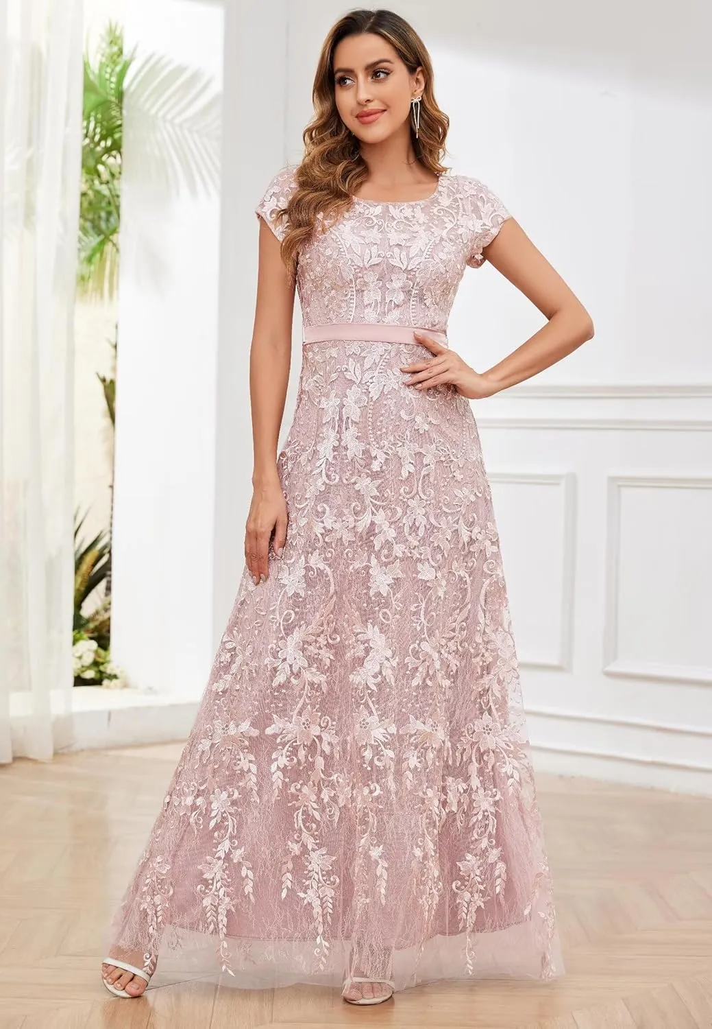 VCCICANY Lace Appliques Mother of The Bride Dresses for Women Short Sleeves A Line Tulle Long Formal Evening Gown Prom Dress