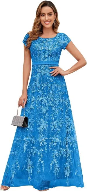 VCCICANY Lace Appliques Mother of The Bride Dresses for Women Short Sleeves A Line Tulle Long Formal Evening Gown Prom Dress