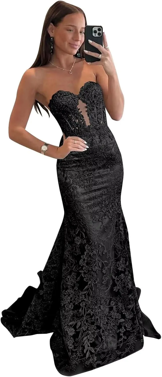 VCCICANY Strapless Mermaid Prom Dresses for Women 2025 Lace Appliques Tulle Corset Long Formal Evening Party Gowns