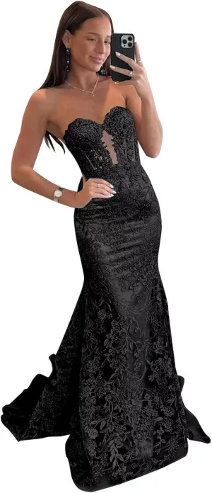 VCCICANY Strapless Mermaid Prom Dresses for Women 2025 Lace Appliques Tulle Corset Long Formal Evening Party Gowns