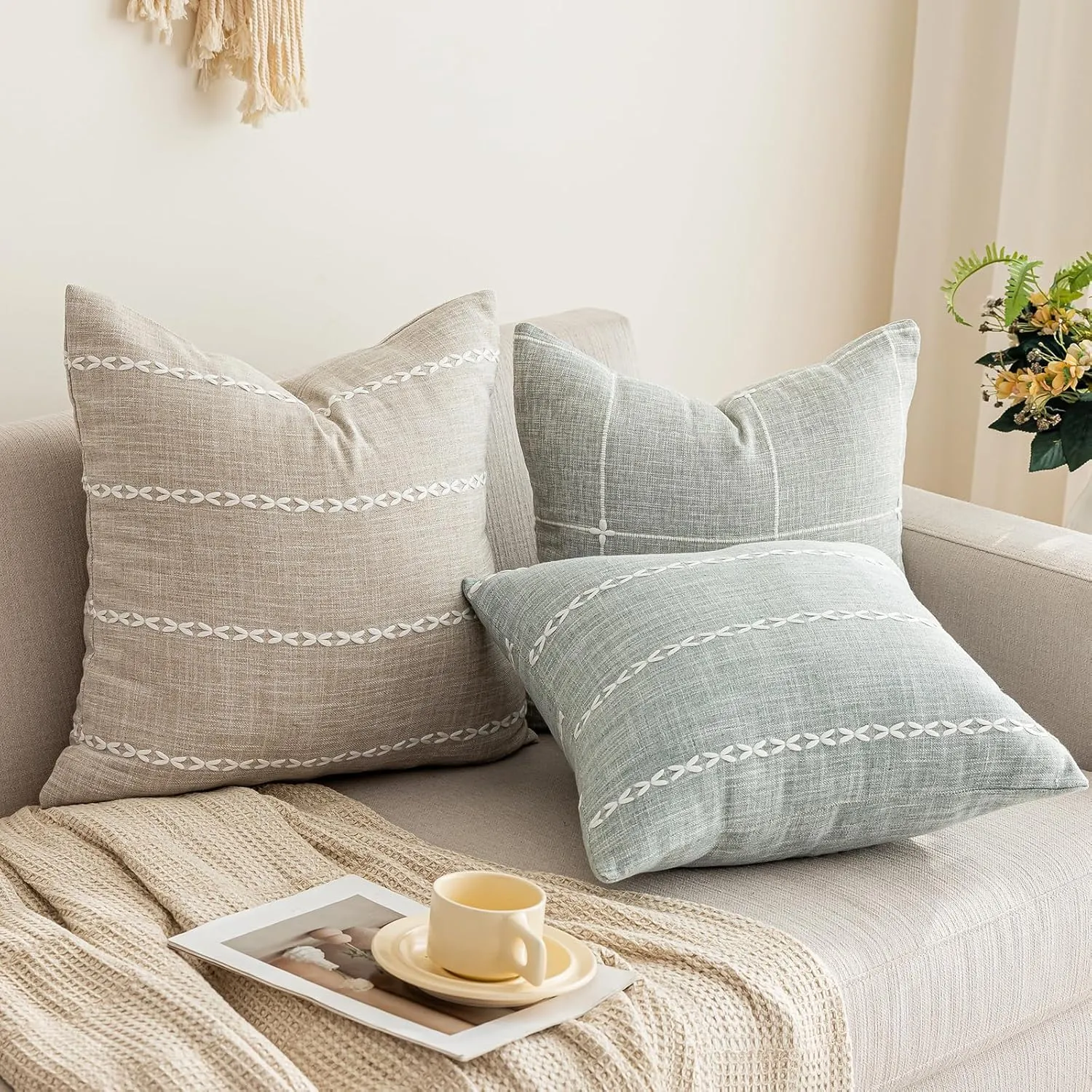vctops Rustic Striped Cotton Linen Decorative Throw Pillow Cover Embroidery Square Cushion Cover Pillowcase for Sofa Bedroom Couch (Stripe Coffee, 24"x24")