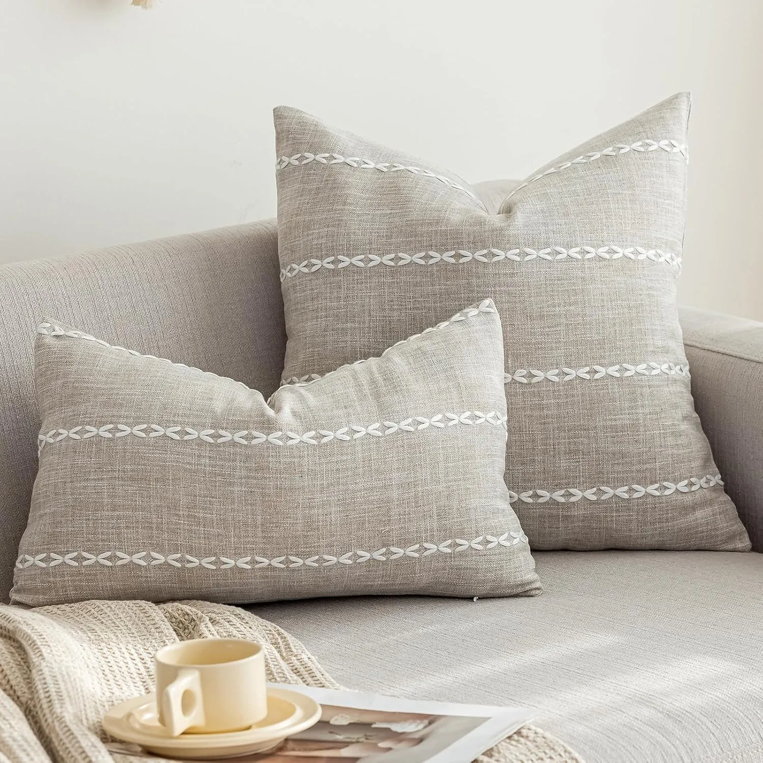 vctops Rustic Striped Cotton Linen Decorative Throw Pillow Cover Embroidery Square Cushion Cover Pillowcase for Sofa Bedroom Couch (Stripe Coffee, 24"x24")