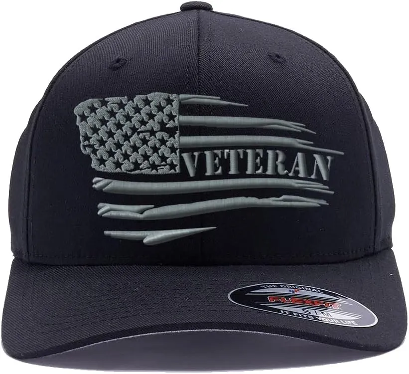 Veteran American Flag Embroidered Flex Fitted Baseball Hat. Custom Embroidered Baseball Cap