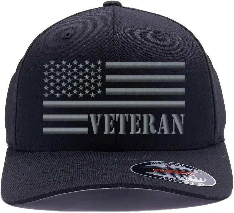 Veteran American Flag Embroidered Flex Fitted Baseball Hat. Custom Embroidered Baseball Cap
