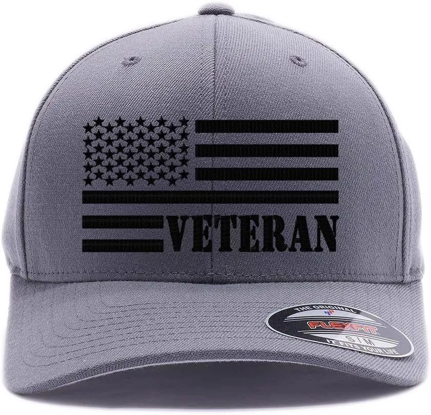 Veteran American Flag Embroidered Flex Fitted Baseball Hat. Custom Embroidered Baseball Cap