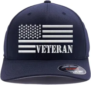Veteran American Flag Embroidered Flex Fitted Baseball Hat. Custom Embroidered Baseball Cap