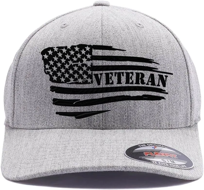 Veteran American Flag Embroidered Flex Fitted Baseball Hat. Custom Embroidered Baseball Cap