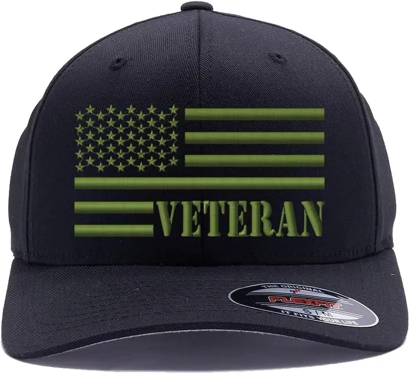 Veteran American Flag Embroidered Flex Fitted Baseball Hat. Custom Embroidered Baseball Cap